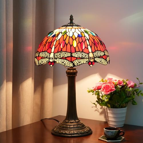 Blivuself Tiffany Lamp Dragonfly Style Stained Glass Red Lamp 12 inch Bedside Table Lamp Retro Metal Reading Lamps for Dorm Office Art Craft Antique Decor Accent Aesthetic Nightstand Light
