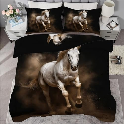 buyluhn Piumino completo con cavallo bianco, reversibile, per tutte le stagioni, per letto matrimoniale, 7,5 tog, lavabile in lavatrice, per letto matrimoniale, estate e inverno, leggero, 2 federe