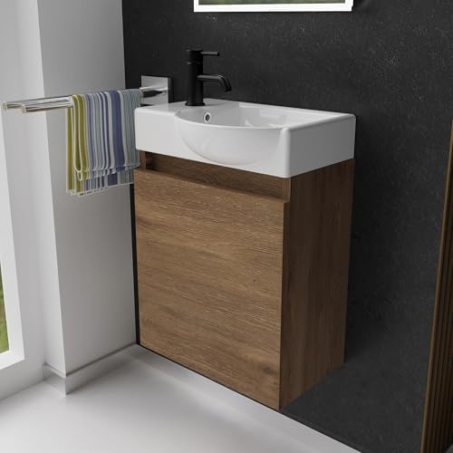 Alpenberger Waschbecken mit Unterschrank Gäste WC 45 cm hängend Eiche | Kleiner Waschtisch mit Unterschrank: Keramik & MDF, wandhängend, Softclose Tür, mit Überlauf, für kleine Bäder, Rechts Becken