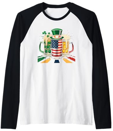 Chope à bière irlandaise Drapeau USA Trèfle Jour de la Saint-Patrick Manche Raglan