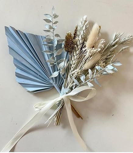 Baby blue Palm Fan leaf matching cream, gold and blue dried flowers. Cake toppers palm spear cakes, dried flower cakes