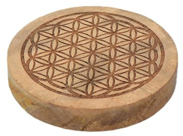 NKlaus Posavasos redondo de 10 cm con diseño de flor de la vida, grabado en madera de mango, ideal para vasos, cristales, rituales y decoración espiritual 16755