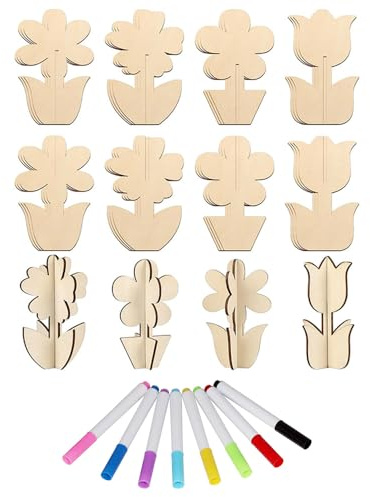 XFSRG DIY 3D Flores Kit de Manualidades de Madera para Pintar para Adultos con 24 Discos de Madera Naturales y 8 Rotuladores al Agua para Decoraciones Primaverales (Flor)