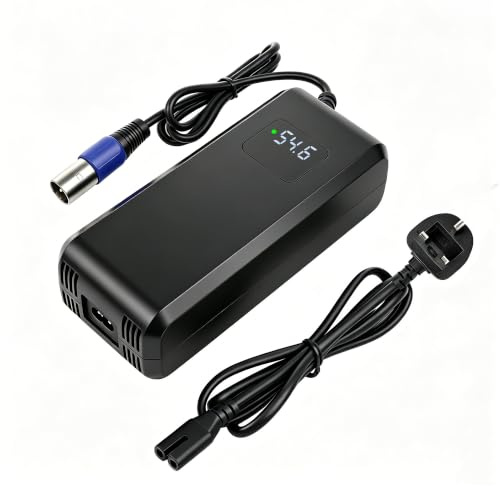 54.6V 4A Charger Compatible with 48V E-Bike and Scooter Lithium Batteries | real-time LED voltage display,18mm 3-Pin XLR Male Plug, Built-in fan and temp detector,six safety protections