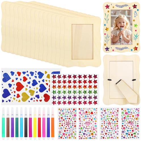 YOFAPA 16 PCS Wooden Photo Frame Craft Kit, DIY Blank Frames with Colorful Markers, Dazzling Sticker Sheets, Unfinished Wood Frames for 5 x 7 in Pictures, Classroom Crafts, Family Activity