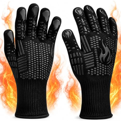 FITFETS Grillhandschuhe Hitzebeständig, Ofenhandschuhe, rutschfeste Silikon | Grill Zubehör Feuerfest Topfhandschuhe BBQ Kochhandschuhe Backhandschuhe, Ideale BBQ, Ofen, Kochen, Schwarz