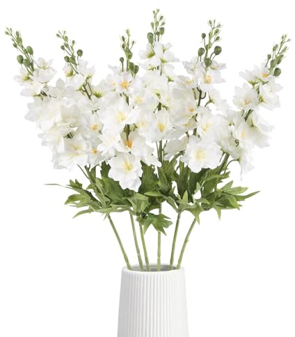 IPOPU White Delphinium Artificial Flowers,6PCS Silk Larkspur Artificial Flowers 28.74'' Realistic Faux Delphinium Stems for Wedding Garden Table Home Decor (White)