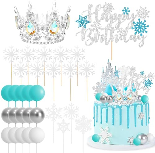 31Pcs Frozen Cake Toppers Set, Snowflake Birthday Decorations, Blue & Silver Snowflake Cupcake Toppers, Happy Birthday Cake Toppers, Perfect for Winter Themed Birthdays Parties