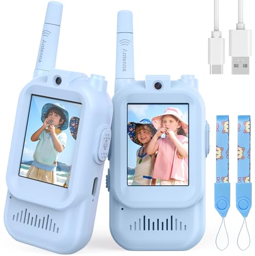 Video Walkie Talkie Kinder, 2er Set Walky Talky Aufladbar mit Display, 2-Way Radio Funkgeräte Große Reichweite, Weihnachten Geburtstag Geschenke Spielzeug für Jungen und Mädchen von 3-12 Jahren-Blau
