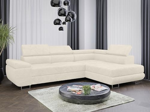 Generisch Ecksofa Couchgarnitur Sofagarnitur Anton - ALMA L mit Schlaffunktion Wohnlandschaft Bettkasten (Creme POSO_38_rechts)