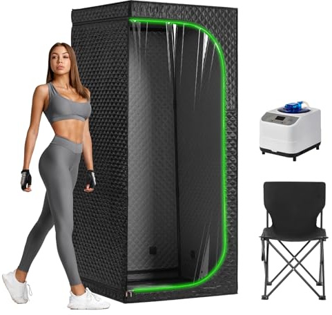 Tente de sauna à vapeur portable pour la maison - Grand sauna personnel d'intérieur avec 9 niveaux de chaleur, cuiseur vapeur 3L, télécommande, chaise pliable et fenêtre transparente (porte