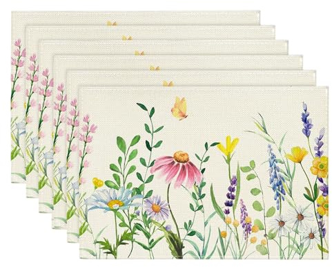 Linen Floral Placemats Set of 6 Rectangle Wild Flowers Table Mats Heat-Resistant Spring Summer Placemat Decoration Washable Non-slip Place Mats for Party Home Kitchen Table Decoration, 45x30CM (B)