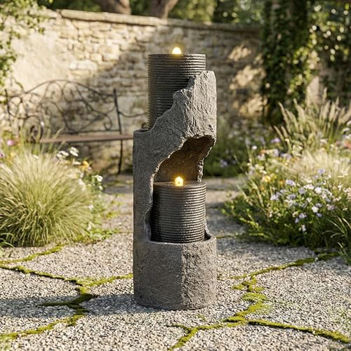 Fontana da giardino con illuminazione a LED, pompa dell'acqua, rivestimento esterno in pietra artificiale e bacino ornamentale, fontana, gioco d'acqua per giardino e terrazza, grigio