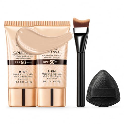 2 Pcs BB Cream Foundation, Includes foundation brush + puff Tinted Moisturiser Balm - Natural Spf50+ Cover Blemishes - Light for All Skin Types (Natural Color)