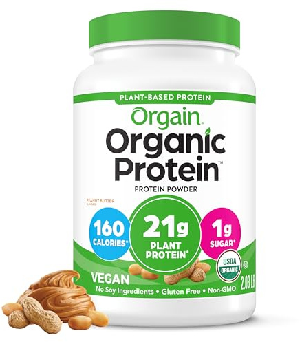 Orgain Organic Vegan Protein Powder, Peanut Butter - 21g Plant Protein, 7g Prebiotic Fiber, Low Net Carb, No Dairy Ingredients, No Added Sugar, for Shakes & Smoothies, 2.03 lb (Packaging May Vary)