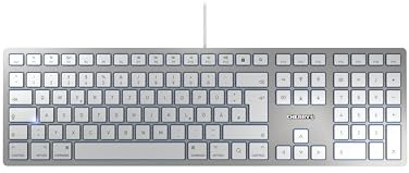 CHERRY KC 6000 SLIM FOR MAC, Kabelgebundene Mac-Tastatur (USB-A Anschluss), Deutsches Layout (QWERTZ), Flüsterleise Tasten, Flaches Design, Weiß-Silber