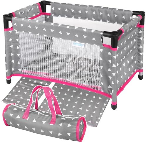Kinderplay Puppenreisebett – Faltbares Puppenbett bis 46 cm – Mit Tragetasche & Bettwäsche – Für Baby Born & Baby Annabell – Leichtes Spielzeugbett mit Netzseiten