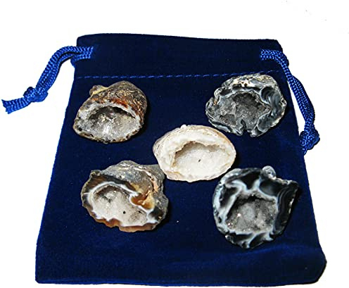 Glücksgeode Achat Kristall Nußgeode 11-TLG Set. 5 x Geode je ca. 2-2,5 cm + 5 x Beschreibungen + 1 x Täschchen. 60047