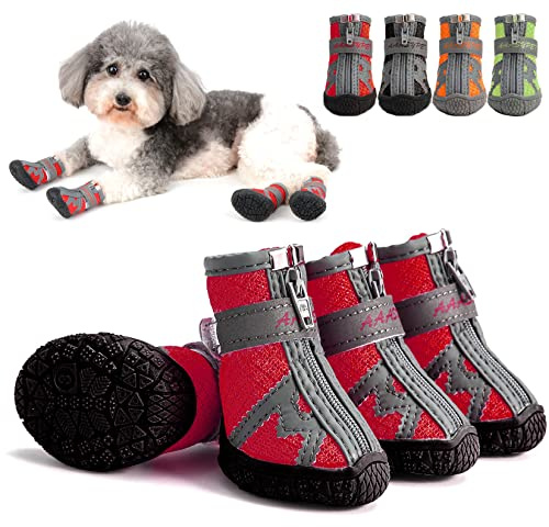 Zunea Hundeschuhe für Kleine Hunde Atmungsaktiv Netzstoff Pfotenschutz Reißverschluss rutschfest Verstellbar Reflektierend Außenbereich Stiefel mit Robuster Sohle für Haustier Chihuahua Rot 4#