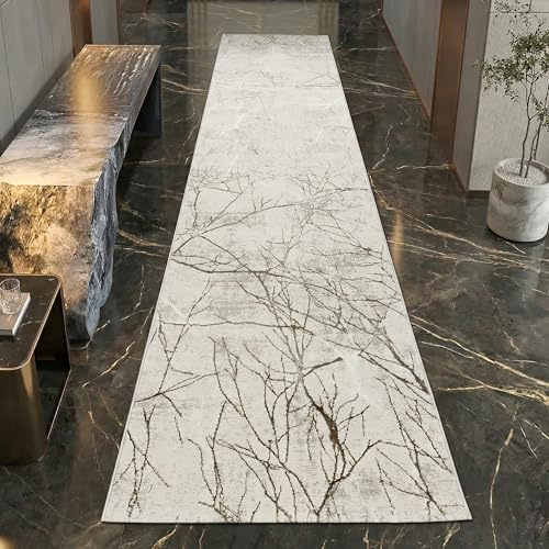 Teppich-Traum Kurzflor Teppich Ästemuster Creme 80x300 cm | Pflegeleicht, strapazierfähig, schmutzabweisend, seitlich gekettelt, fußbodenheizungsgeeignet, mit Glanzeffekt, 8 mm Flor