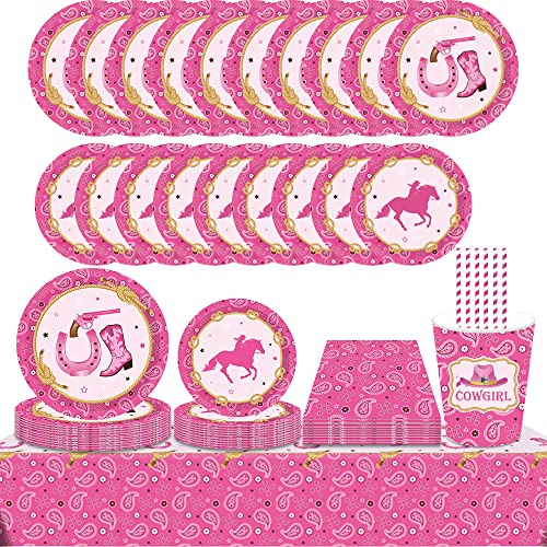 ZOOMPIL Cowgirl Party Tableware, Cowgirl Birthday Tableware, 70 Pieces Western Tablecloths, Paper Cups, Plates, Straws, Napkins, for Birthday Party Decoration, for 8 Guests