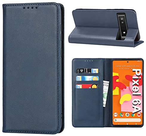 Vaki Handyhülle für Google Pixel 6A 5G, Schutzhülle mit Leder Wallet, Kartenfach, Standfunktion, Stoßfest, Klapphülle Hüllen, Flip Case Cover (Blau)
