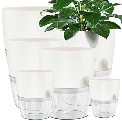 Muzhira Blumentopf Plastik, 6 stücke 22.3cm/15.3cm/10.5cm/8.2cm Kräutertopf mit Selbstbewässerung und Wasserspeicher, Moderne Pflanztopf für Zimmerpflanzen, Blumen und Kräuter - Weiß
