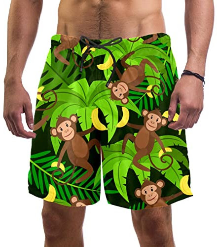 WOSHJIUK Herren-Badehose, schnell trocknende Boardshorts mit Netzfutter,Affen Bananen und Palmblätter,Strandshorts Herrenshorts