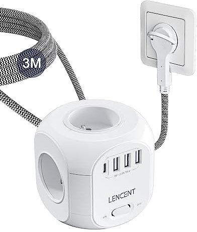 LENCENT Multiprise avec Interrupteur Cube Secteur Fiche Plate 4 Prises, 3 USB et 1 Type C, Multiprise USB Parafoudre et 4 Interrupteurs Rallonge Electrique 3M Câble la Maison et Bureau Tressé Câble