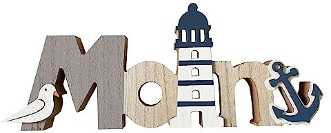 itsisa Schriftzug Moin mit Anker 30 cm - Maritim Deko, Möwe, Leuchtturm, Holz Schild, Deko Ferienwohnung Meer
