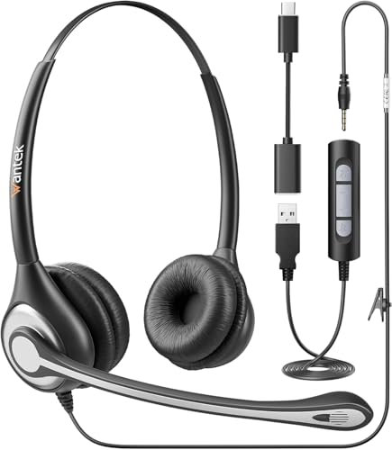 Wantek Headsets mit Kabel Noise Cancelling Mikrofon,USB/Type-c/3.5mm Jack 3-in-1 PC Headset,USB Headset und Kabel Lautstärkeregelung für Computer PC Laptops Call Center Home Office