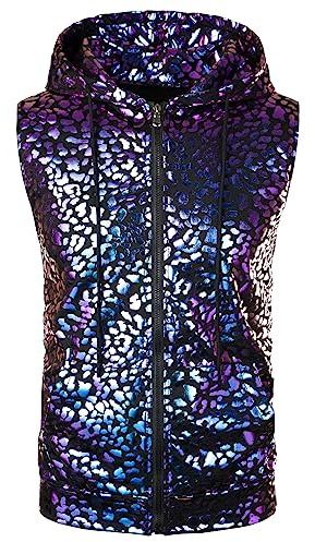 PARKLEES Mens Hipster Metallic Sequins Zip Up Sleeveless Hooded Vest T Shirt with Kangaroo Pocket