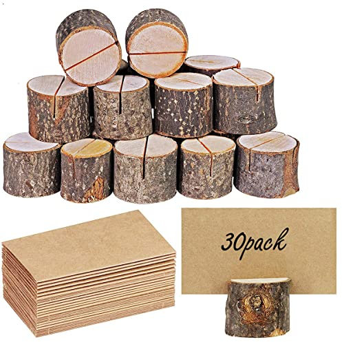 SANON Portacarte in legno, rustic Wood Place Card Holders, porta carte di credito, segnaposto per matrimonio, numero da tavolo, targhetta con nome (30 supporti + 30 carta Kraft)
