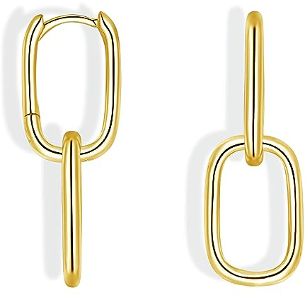 Cangall Convertible Link Earrings for Women, 925 Sterling Silver Double Oval Hoop Earrings, Paperclip Link Chain Earrings, Hypoallergenic Small Silver Sleeper Earrings with Geometric Drop Earrings