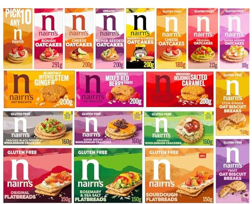 Nairn's Variety Pack - Pick Any 10 - Gluten-Free & Non Gluten-Free Oat Biscuits, Oatcakes, Crackers & Flatbreads - Healthy Snacks - Assorted Flavours: Fruit & Seed, Stem Ginger, Mixed Berries & More