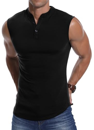 KUYIGO Ärmlös Henley-väst för män sport topp fitness smal löpning t-shirt, Svart, M