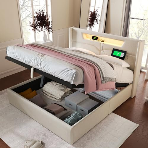 LATICO Polsterbett 140x200cm mit LED-Beleuchtung, Doppelbett mit Lattenrost & Kopfteil und Aufladen USB, Bettgestell mit Stauraum Kopfteil, Leinenmaterial, Jugendbett Gästebett, ohne Matratze, Beige