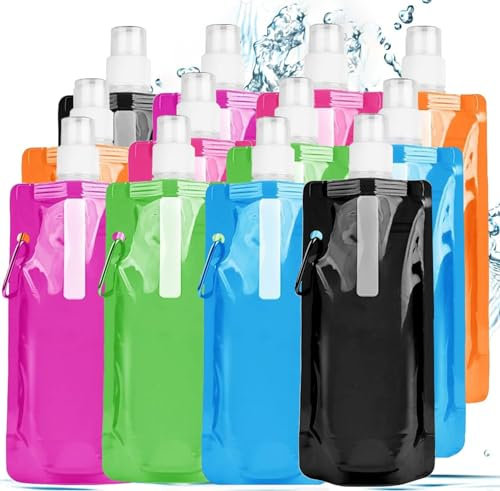 YeahBoom 12 Pièces Bouteilles D'eau Pliable,500ML Flexible Bouteilles D'eau Réutilisables Pliable avec Mousqueton,pour la Randonnée les Aventures les Voyages