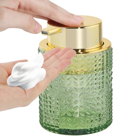 Fvstar Foaming Soap Dispenser, 10 Oz Glass Foam Hand Soap Dispenser with Gold Pump, Refillable Bathroom Lotion Container Pump Bottle with Vintage Pattern, Green