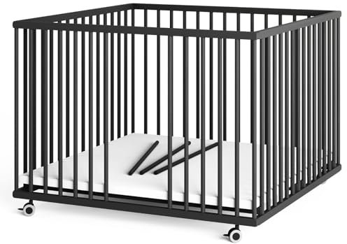 Sämann Laufstall Baby 100x100 cm mit 3 Schlupfsprossen und Matratze | TÜV geprüft 2024 | stufenlos höhenverstellbar | Laufgitter Premium | Babybett aus Holz | Krabbelgitter Black Edition