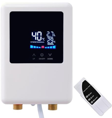 Calentador de agua eléctrico sin tanque de 110 V, calentador de agua instantáneo de 5500 W con control remoto, visualización digital grande, calentador de agua caliente para RV, autoprueba de fallos,
