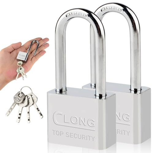 Confezione da 2 lucchetti ad arco lungo in acciaio resistente, impermeabili per esterni, con 4 chiavi, per capannoni, magazzini, recinzioni, ufficio, garage, giardino, palestra (50 mm)