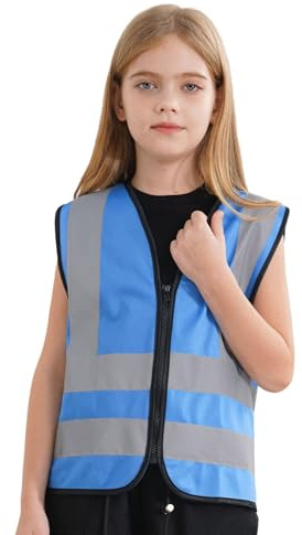 YEAHDOR Enfant Garçon Fille Gilet de Securité Standard Gilet Jaune de Haute Visibilité 360° Gilet Réfléchissant Veste de Travail Gilets d'activité Bénévole 3-12 Ans Un bleu 7-10 ans