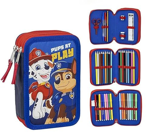 Paw Patrol Filled School Pencil Case for Kids, 3-Tier Stationery Set with HB Pencil, Pens, Scissors, Ruler, Eraser, Sharpener, 18 Colouring Pencils & 18 Giotto Felt Tip Pens – Back to School Gift