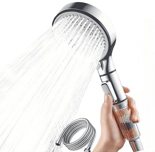TLHWIN Wassersparender Duschkopf,Handbrause Filter Mineralsteinen und 5 Strahlarten, Druckerhöhende Duschbrause mit 3-Lagen-Filtration und zusätzlichen Steinen, Weiß,Gebürstet(Silber)