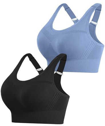 Litherday Sport BH Damen Push Up Sports Bra Starker Halt Sport BH Ohne Buegel mit Abnehmbar Gepolstert für Fitness Jogging Yoga, Schwarz+Dunst blau, M
