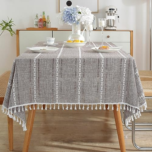meioro Böhmische Tischdecke für Küche Dekoration, R140cm Makramee Tischtuch mit Quasten, Rechteckige Leinen Tischwäsche, Gestreifte Tafeldecke Mesh Tischdecken für Esstisch Tabletop(Braun)