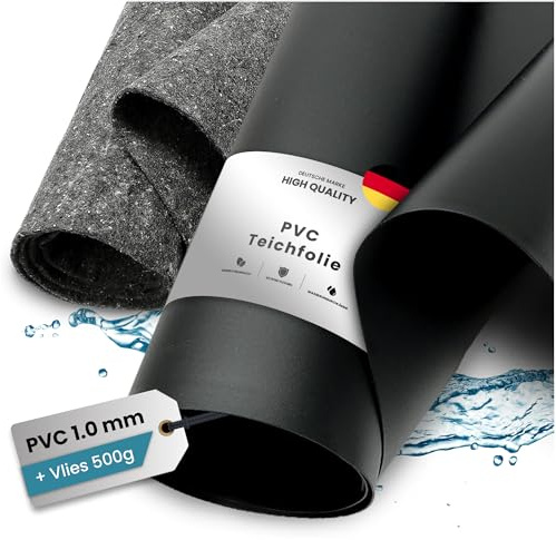 TeichVision Bâche en PVC pour bassin - Épaisseur : 1 mm - 8 m x 16 m et non-tissé de bassin 500 g - Film PVC noir avec non-tissé séparé assorti en gris