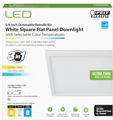 Feit Electric 74208 LED Square Flat Panel Downlight, Dimmable, Ultra Thin and Edge-Lit Design, Color Selectable Ceiling Flush Mount Light, Fit 5/6 Recessed Can Light Fixture, 50,000-Hour Lifetime