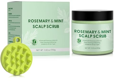 Rosemary Scalp Scrub，Deep Cleansing & Exfoliating Scalp Treatment for Dandruff & Oily Scalp – Nourishing Sea Salt & Jojoba Oil Formula – Includes Silicone Scalp Massager，8.81 oz
